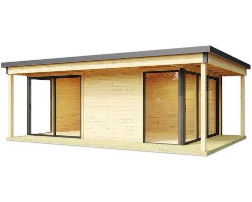 Maison de jardin en bois avec portes coulissantes et terrasse couverte