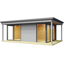 Abri de jardin moderne avec portes coulissantes et terrasse couverte