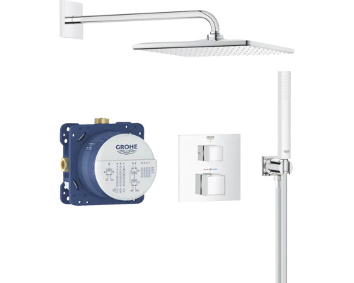Système de douche Grohe avec douche de tête, douchette à main, thermostat et corps d''encastrement