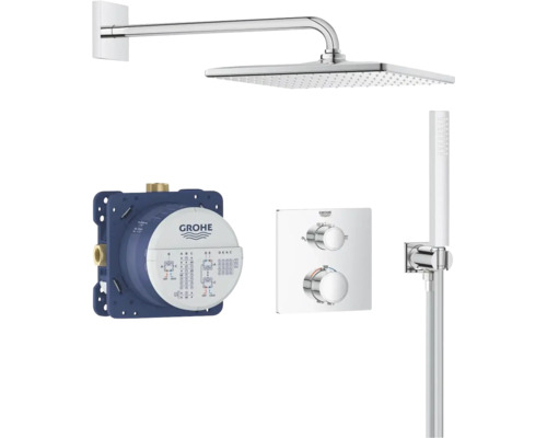 Système de douche Grohe Rainshower avec douche de tête, douchette à main, thermostat encastré et boîtier d''installation