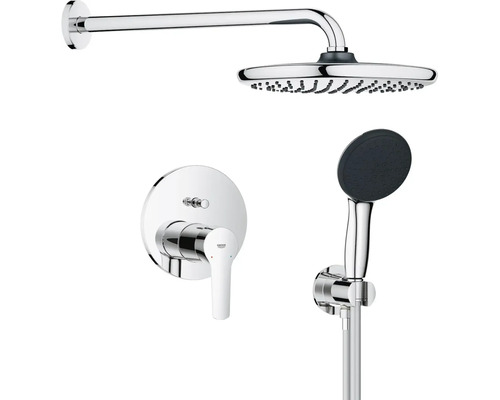 Ensemble de douche avec pomme de tête, douchette à main et mitigeur monocommande pour montage mural