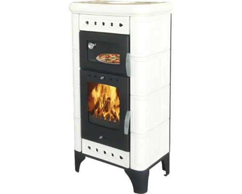 Kaminofen Kachelkamin DOMOFIRE Ragusa II. Keramik weiß knochenfarbe 6 kW Kaminofen mit Sichtfenster, Holzfeuer und Pizzaofen