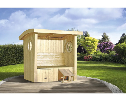 Gloriette de jardin en bois avec banc, compartiment de rangement et fenêtres ovales