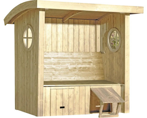 Abri de jardin en bois avec fenêtres ovales et banc intégré