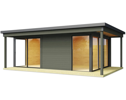 Abri de jardin moderne avec portes coulissantes et terrasse en bois