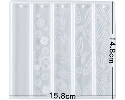 Moule en silicone avec cinq cavités rectangulaires pour couler des marque-pages avec différents motifs, taille 14,8 x 15,8 cm