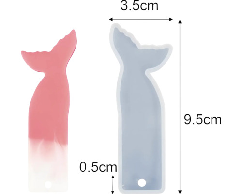 Deux moules de marque-page en forme de queue de poisson avec indications de taille.