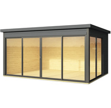 Abri de jardin avec portes coulissantes et revêtement en bois