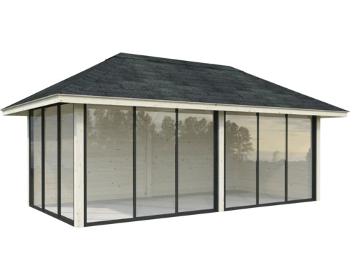 Holzgartenhaus mit Glaswänden und Ziegeldach