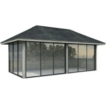 Pavillon de jardin avec murs en verre et toit en bardeaux