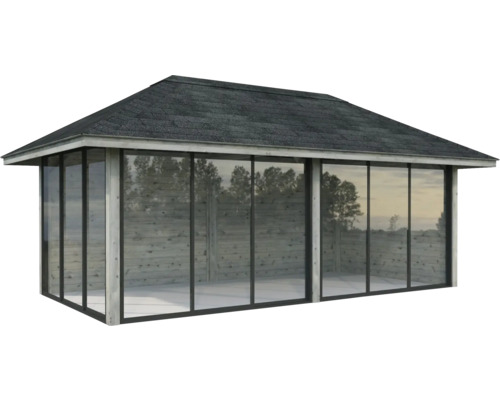 Pavillon Palmako Bianca Slide 16,6 m² Set 202 588 x 300 cm tauchgrundiert grau Gartenpavillon mit Glaswänden und Schindeldach