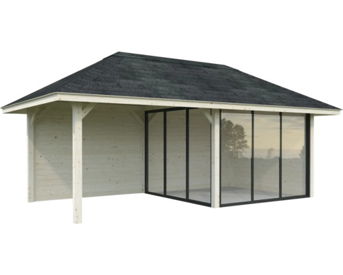 Gartenhaus mit Glasfront und Holzwänden