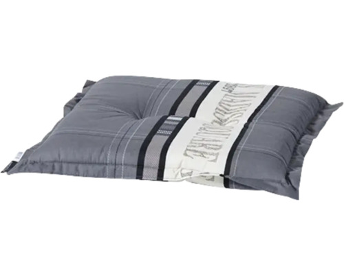 Coussin de sol gris avec motif à carreaux et lettrage