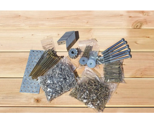 Matériel de fixation tel que vis, écrous, équerres et boulons sur fond en bois