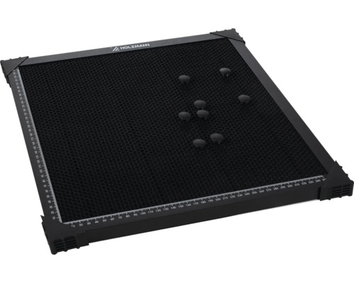 Holzmann Logo Laserschneidunterlage mit Wabenstruktur und Maßangaben