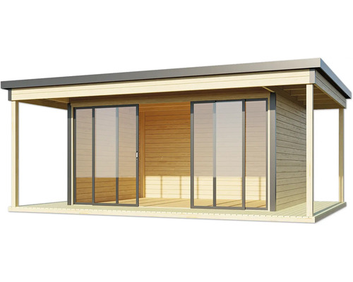 Pavillon de jardin en bois avec portes coulissantes et terrasse couverte
