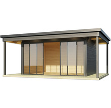 Abri de jardin moderne avec portes coulissantes et bardage en bois