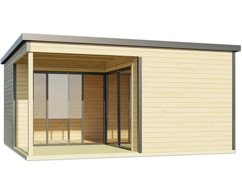 Abri de jardin moderne avec portes coulissantes et revêtement en bois