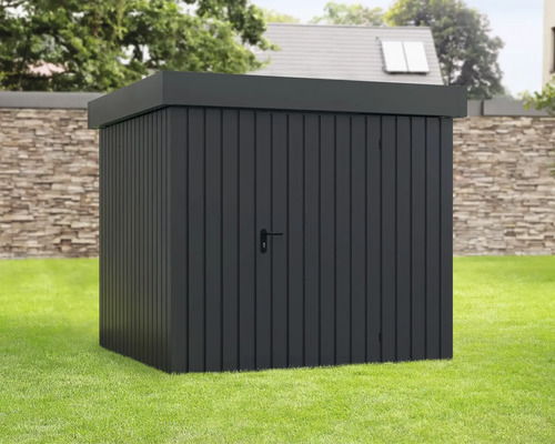 Abri de jardin métallique avec porte et poignée dans le jardin