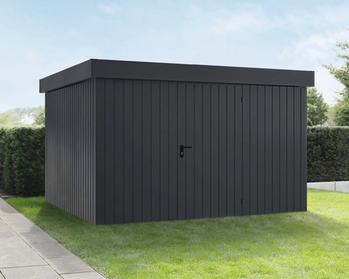 Abri de jardin Hörmann EcoStar Euroline toit plat, porte à un vantail 333 x 325 cm anthracite Abri de jardin en bois sombre sur pelouse dans le jardin