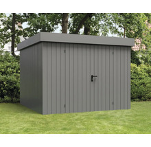 Abri de jardin gris sur une pelouse