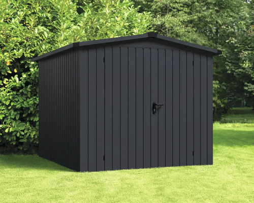 Abri de jardin noir en métal dans le jardin