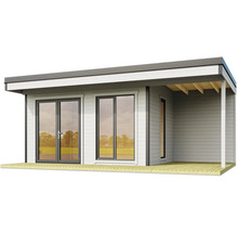 Abri de jardin moderne avec porte double et terrasse couverte