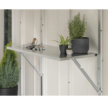 Étagère en métal avec plantes, outils de jardinage et gants montés sur un mur