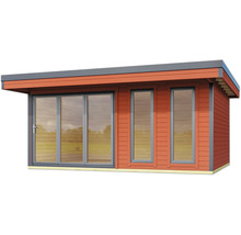 Abri de jardin moderne avec de grandes fenêtres et une porte coulissante pour beaucoup de lumière naturelle