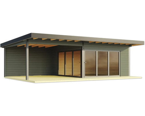 Abri de jardin avec porte coulissante et terrasse couverte