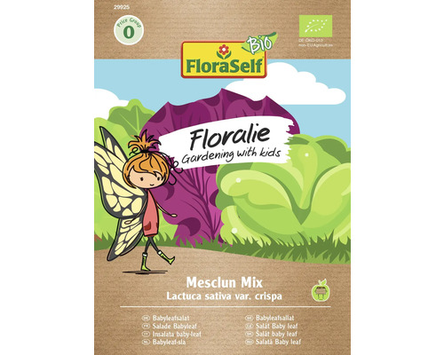 Mélange laitue/laitue à couper Laitue à couper (Red salad bowl, Suzan, Marvel of Four Seasons, Little Leprechaun) Floraself Floralie & Flo semences stables graines de légumes FloraSelf Floralie Mesclun Mix Salade pour enfants