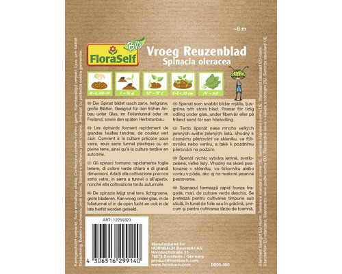 FloraSelf Bio Spinatsamen Vroeg Reuzenblad für den Anbau im Freien und im Gewächshaus