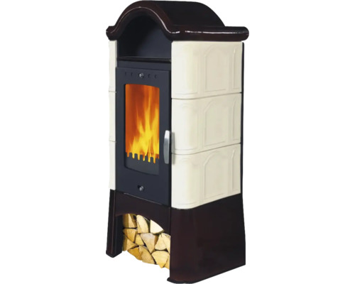 Kaminofen Kachelkamin DOMOFIRE Graz II. Keramik butter-kaffeebraun 7 kW Kaminofen mit Holzfach und brennendem Feuer
