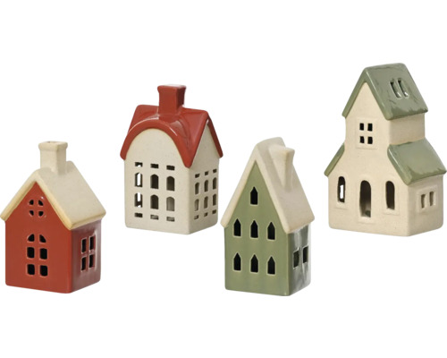 Quatre maisons décoratives en céramique avec ouvertures de fenêtres