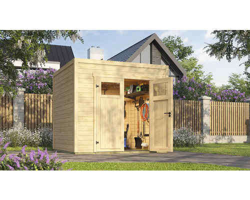 Abri de jardin en bois avec portes ouvertes et outils de jardin à l'intérieur
