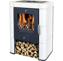 Poêle à bois avec compartiment à bûches et bois qui brûle