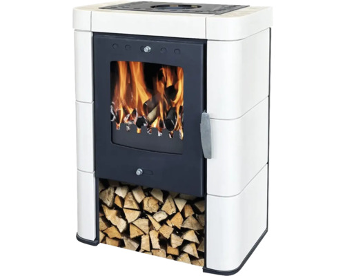Poêle cheminée en faïence DOMOFIRE Caorle II. céramique beige 6 kW Poêle à bois avec compartiment à bûches et bois qui brûle