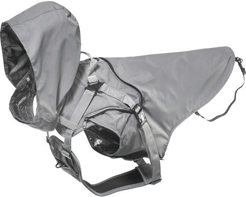 Grauer Hundemantel mit Kapuze und Gurten