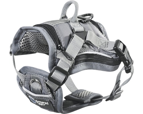 Harnais gris pour chien avec sangles réglables et anneaux de fixation