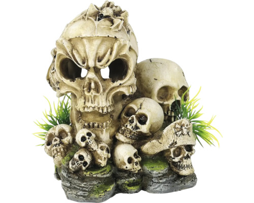 Décoration d'aquarium ORBIT Multi-têtes de mort env. 12 x 10 x 14 cm, polyrésine, multicolore Groupe de crânes décoratifs avec plantes artificielles comme décoration d''aquarium