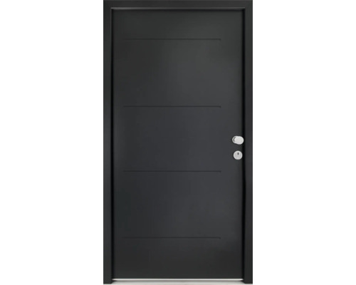Porte d'entrée de logement Splendoor L1 acier 950x2060 mm gris anthracite DIN droite (ouvrant vers l'intérieur) RC 2 avec kit de ferrures et cylindre profilé avec 3 clés, vis de montage Porte intérieure noire avec moulures horizontales, bouton de porte et trou de serrure.