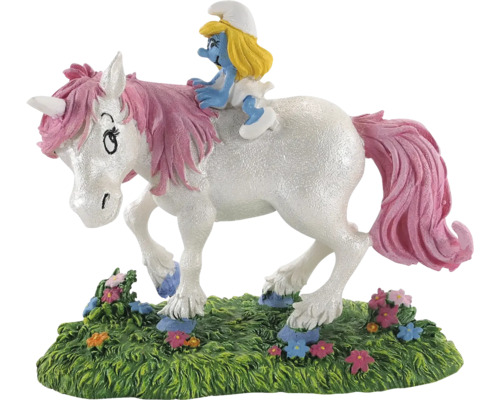 Décoration d'aquarium ORBIT schtroumpfs licorne avec Schtroumpfette env. 15 x 8 x 13 cm résine polyester Schtroumpfette chevauche une figurine de licorne sur une pelouse