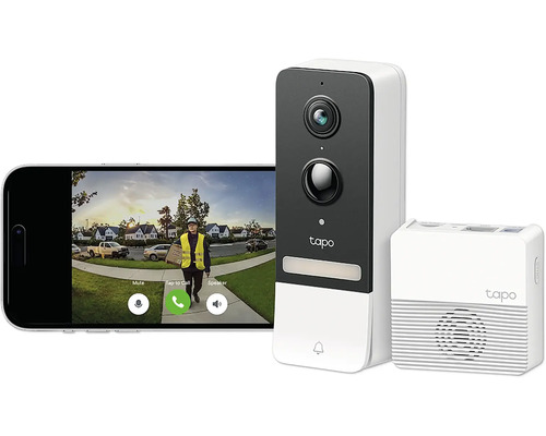 Tapo D230S1 Video-Türklingel-Kamera-Kit schwarz TP-Link Tapo Video-Türklingel mit Smartphone-Ansicht eines Paketboten vor der Haustür