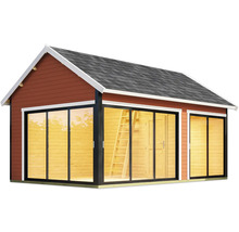 Abri de jardin moderne avec portes coulissantes et toit à deux pentes