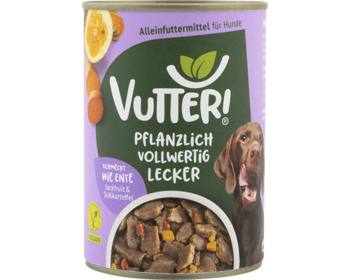 Pâtée pour chiens Vutter! goût canard 400 g 100 % végan Aliment complet Vutteri pour chiens à la jacque et patate douce en conserve
