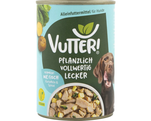 Pâtée pour chiens Vutter! goût poisson 400 g 100 % végan Aliment complet Vutter pour chiens au poisson, pommes de terre et épinards en conserve