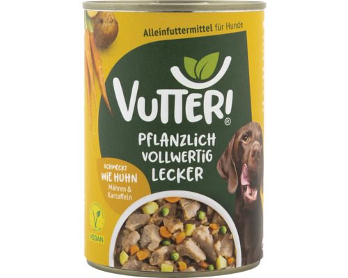 Pâtée pour chiens Vutter! goût poulet 400 g 100 % végan Boîte d''aliments complets Vutteri pour chiens, à base de plantes et complets, avec des légumes.