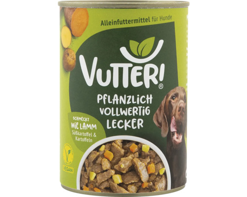 Pâtée pour chiens Vutter! goût agneau 400 g 100 % végan Aliments pour chiens Vutteri en conserve avec une recette à base de plantes