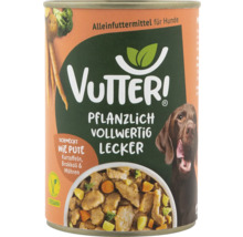 Boîte de nourriture pour chiens avec des légumes et des ingrédients végétaux
