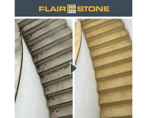 Image avant-après d''un escalier traité avec un nettoyant pour pierre. Logo Flair Stone.